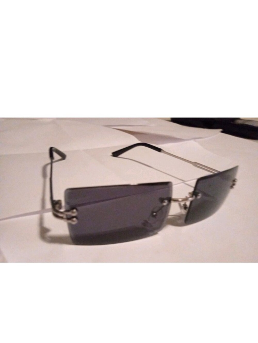 Men's Rimless Rectangle Sunglasses Silver Metal Frame Gray Tinted Plastic Lens